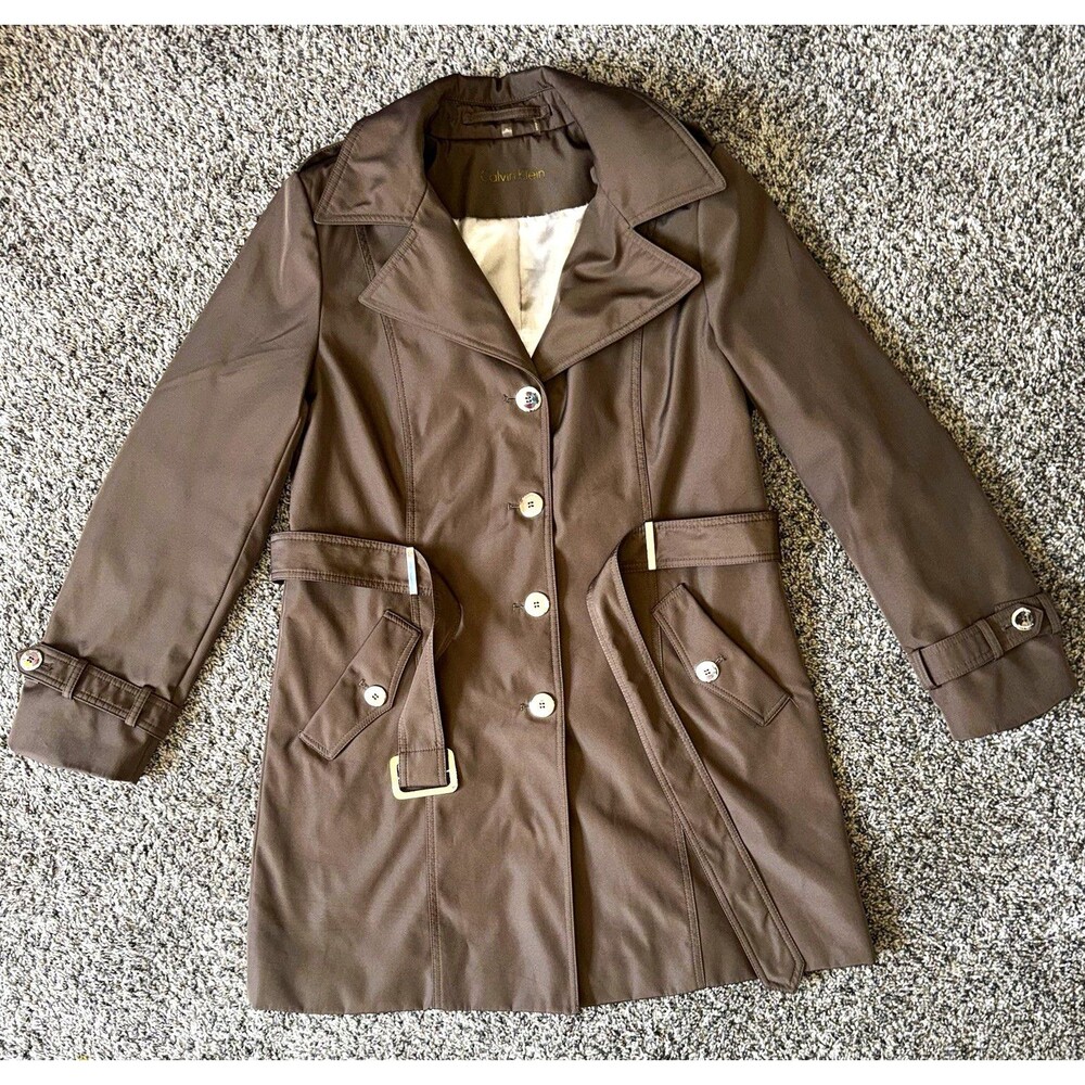 Calvin Klein Women’s Trench Coat Brown Belted Double Breasted Size M